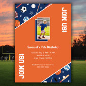 キッズスポーツ機器パターンフォトバースデーパーティー 招待状