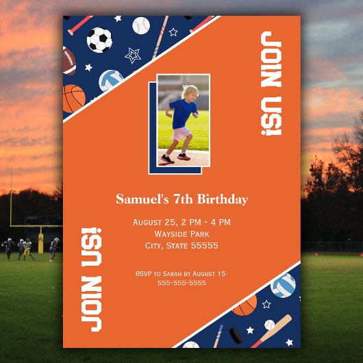 キッズスポーツ機器パターンフォトバースデーパーティー 招待状