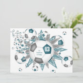 キッズスポーツ誕生日ティール(緑がかった色)グレーサッカーボールのパンク 案内状 (スタンド正面)