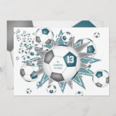 キッズスポーツ誕生日ティール(緑がかった色)グレーサッカーボールのパンク 案内状 (正面/裏面)