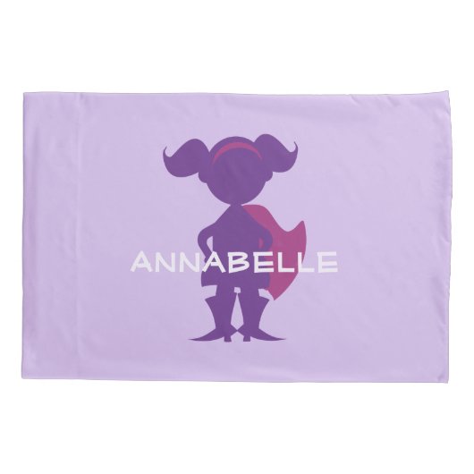 キッズスーパーヒーローガールシルエットパーソナライズされたパープル 枕カバー (裏面)