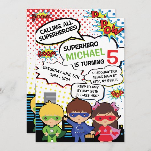 キッズスーパーヒーローバースデーパーティー招待状ボーイガールヒーロー 招待状 (正面/裏面)