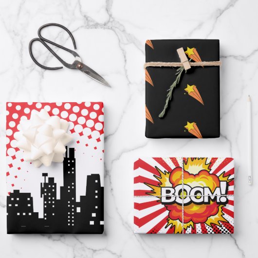 キッズスーパーヒーローパーティー漫画ムービー ラッピングペーパーシート (正面)