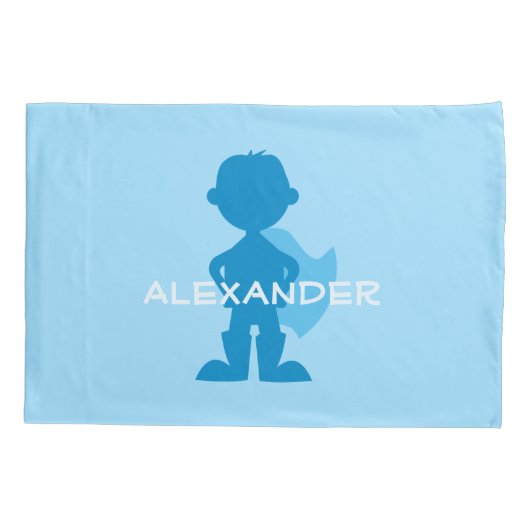 キッズスーパーヒーローボーイシルエットパーソナライズされたブルー 枕カバー (裏面)