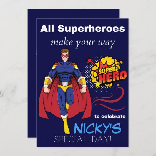キッズスーパーヒーロー誕生日招待状カード 招待状 (正面/裏面)