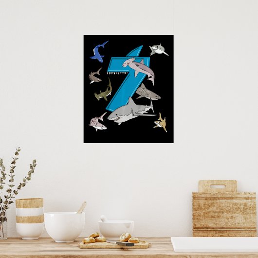 キッズセブン誕生日ボーイズサメ白サメ ポスター (キッチン)