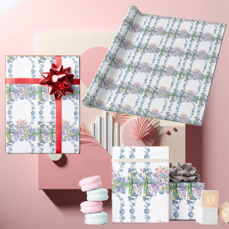 キッズソフトパステルブルー開花オーバルフローラ誕生日 ラッピングペーパー