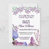 キッズソフトブルーパステルバッド薄紫アジサイ誕生日 招待状 (正面)