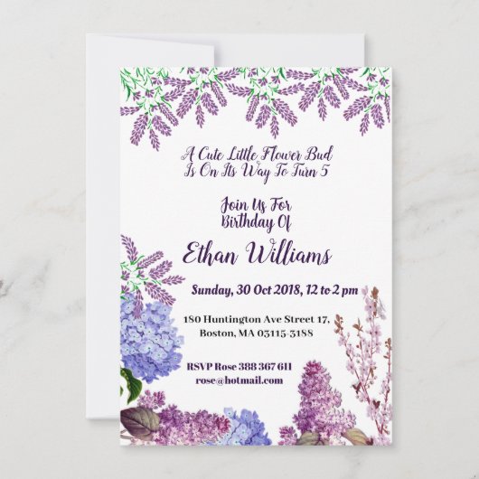キッズソフトブルーパステルバッド薄紫アジサイ誕生日 招待状 (正面)