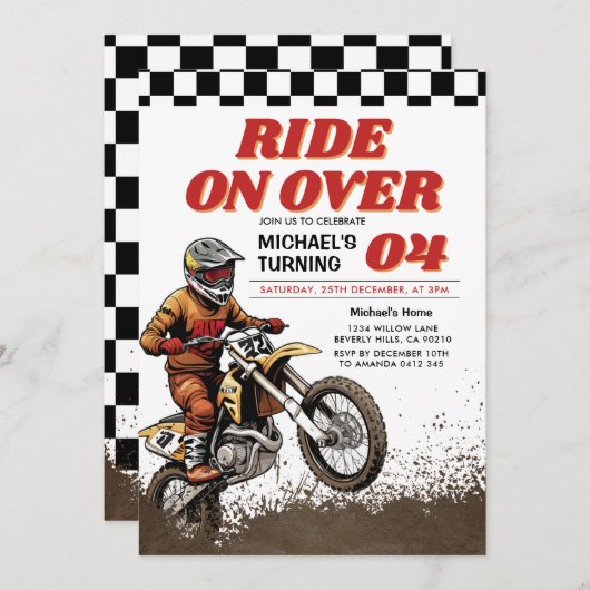 キッズダートモータークロス誕生日パーティーでレース 招待状 (正面/裏面)