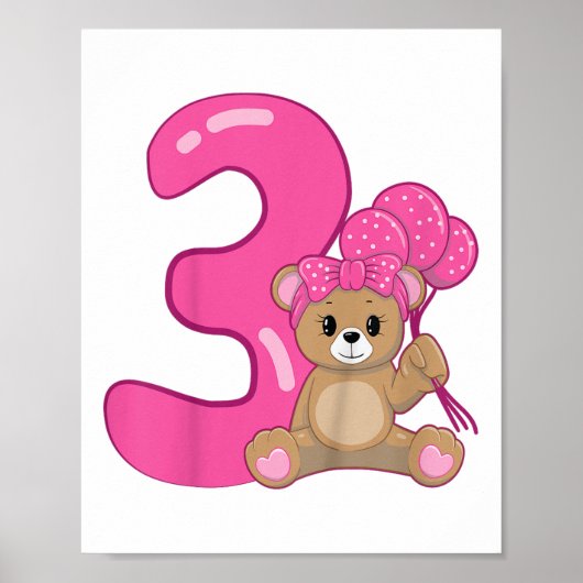 キッズテディベアかわいい3rd誕生日ガールバルーンBi ポスター (正面)