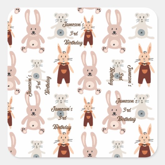 キッズテディベアキャットパンダおもちゃパターン誕生日 スクエアシール (正面)