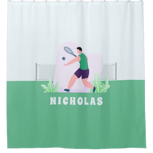 キッズテニスおもしろい選手ボーイイラストレーション名 シャワーカーテン (正面)