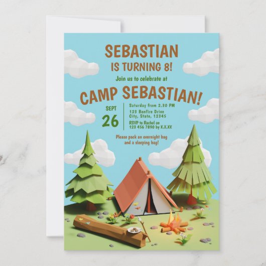キッズテントキャンプファイアアウトドアバースデーパーティー 招待状 (正面)