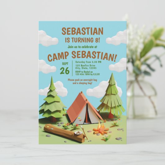 キッズテントキャンプファイアアウトドアバースデーパーティー 招待状 (スタンド正面)