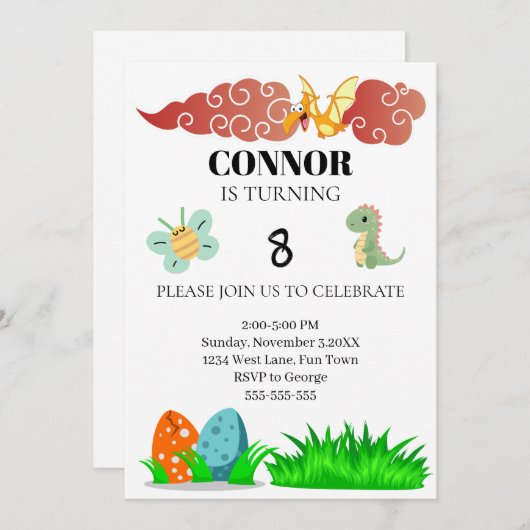 キッズディノサワーテーマ誕生日 招待状 (正面/裏面)