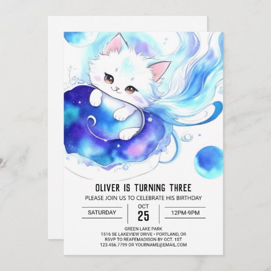 キッズデジタル子猫誕生日 招待状 (正面/裏面)