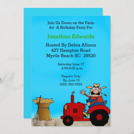 キッズトラクターテーマ誕生日招待状 招待状 (正面/裏面)