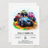 キッズトラックモンスタートラック誕生日 招待状 (正面/裏面)