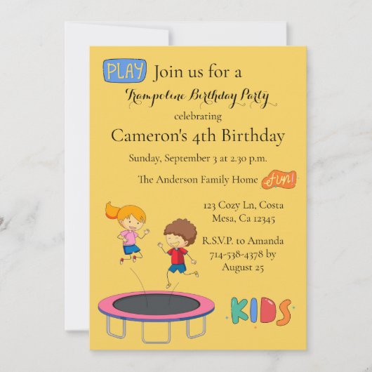 キッズトランポリン誕生日パーティー招待イエロー 招待状 (正面)