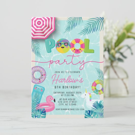キッズトロピカルサマープールパーティー誕生日 招待状 (スタンド正面)