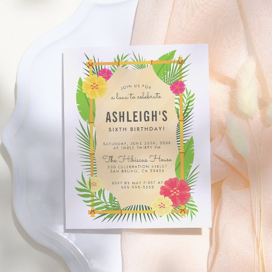 キッズトロピカルバンブーフレームルアウ（ハワイ式宴会）誕生日パーティー インビテーションポストカード