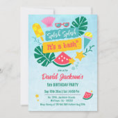 キッズトロピカルビーチプールパーティー5歳の誕生日 招待状 (正面)