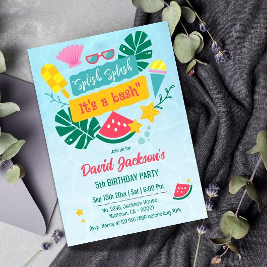 キッズトロピカルビーチプールパーティー5歳の誕生日 招待状