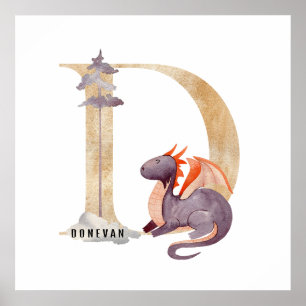 キッズドラゴン名前をカスタムするモノグラムD子供部屋ルーム ポスター