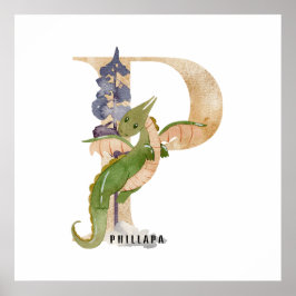 キッズドラゴン名前をカスタムするモノグラムP子供部屋ルーム ポスター