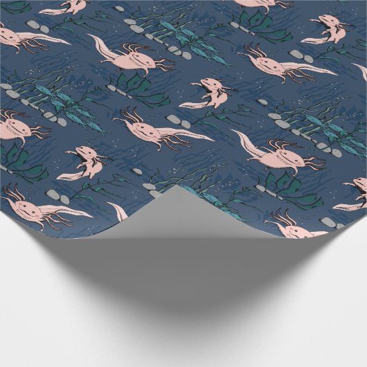 キッズネイビーグリーンアンダーウォーターアクソロトルスケッチ ラッピングペーパー (角)