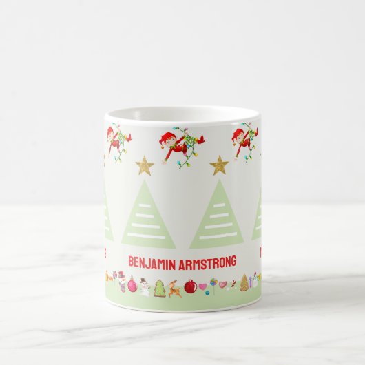 キッズハッピーエルフクリスマスツリー金ゴールドスター コーヒーマグカップ (中央)