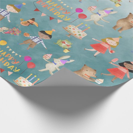 キッズハッピーバースデーパーティーインクルーシブ民族ティール(緑がかった色) ラッピングペーパー (角)