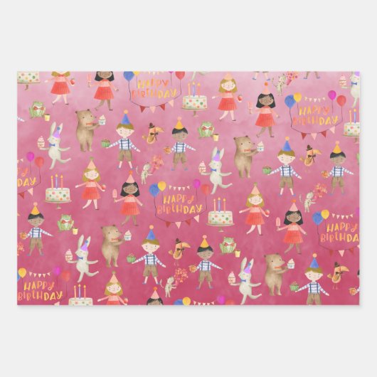 キッズハッピーバースデーパーティーインクルーシブ民族 ラッピングペーパーシート (正面)