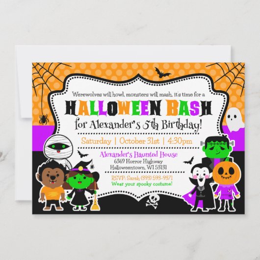 キッズハロウィーンの誕生日の招待コスチュームパーティー 招待状 (正面)