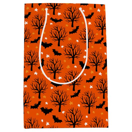 キッズハロウィーンブラックこうもり不気味な古い木 ミディアムペーパーバッグ (正面)