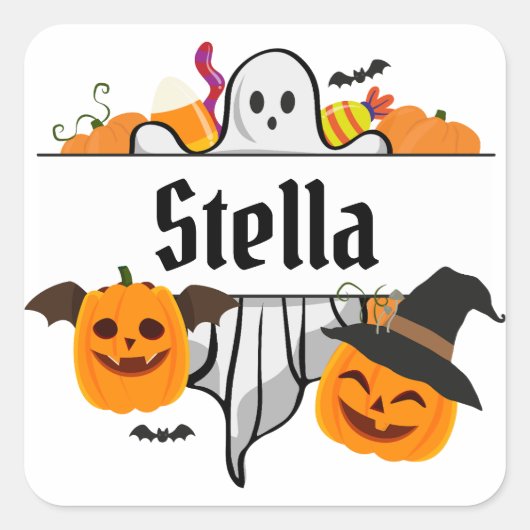キッズハロウィーン名トートバッグトリックまたはトリート スクエアシール (正面)