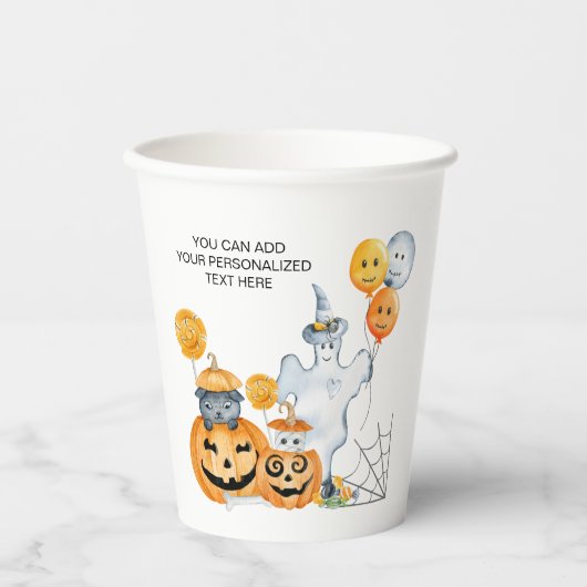 キッズハロウィーン幽霊とハロウィーンのカボチャのちょうちんカボチャ 紙コップ (正面)