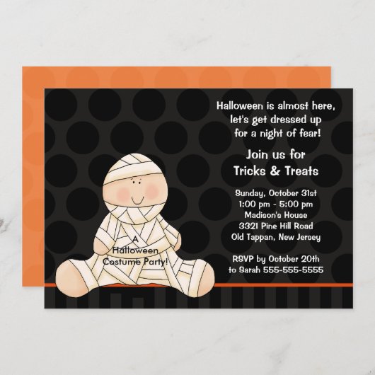 キッズハロウィーン衣装パーティの招待状かわいいミイラ 招待状 (正面/裏面)