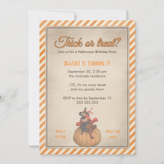 キッズハロウィーン誕生パーティーヴィンタグウィッチカボチャ 招待状 (正面)