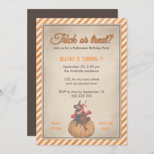 キッズハロウィーン誕生パーティーヴィンタグウィッチカボチャ 招待状 (正面/裏面)