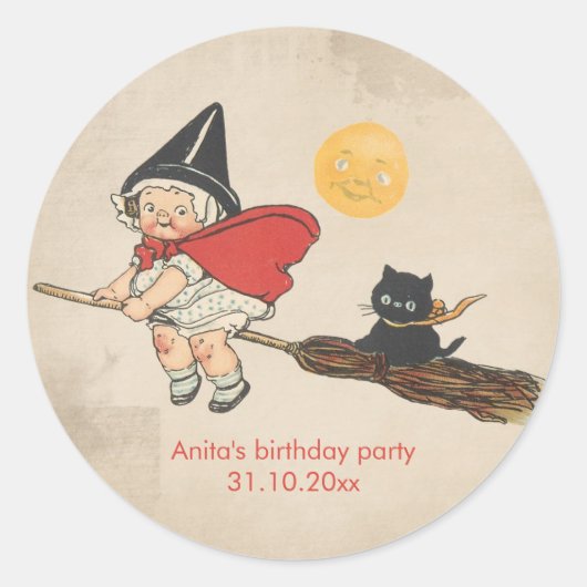 キッズハロウィーン誕生日パーティーかわいい魔女ほうき猫 ラウンドシール (正面)