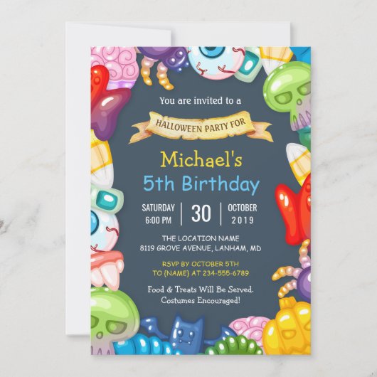 キッズハロウィーン誕生日パーティーカラフルモンスターズ 招待状 (正面)