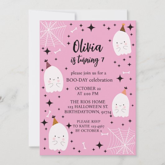 キッズハロウィーン誕生日パーティー幽霊ピンク 招待状 (正面)