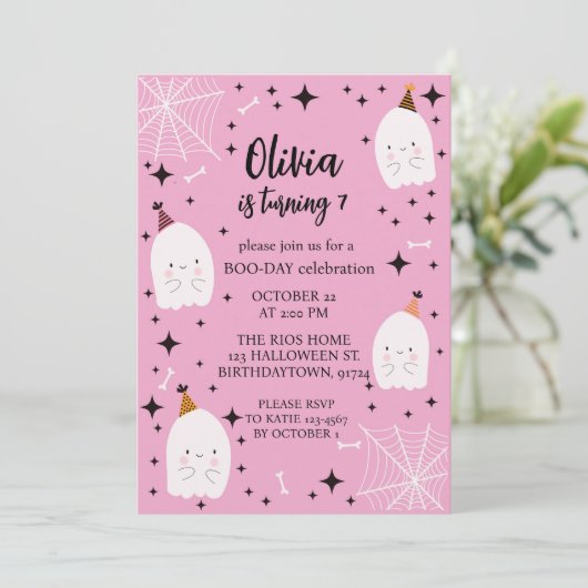 キッズハロウィーン誕生日パーティー幽霊ピンク 招待状 (スタンド正面)
