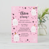 キッズハロウィーン誕生日パーティー幽霊ライトピンク 招待状 (スタンド正面)