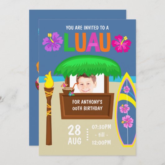 キッズハワイアンルアウ（ハワイ式宴会）パーティー追加フォト招待状 招待状 (正面/裏面)