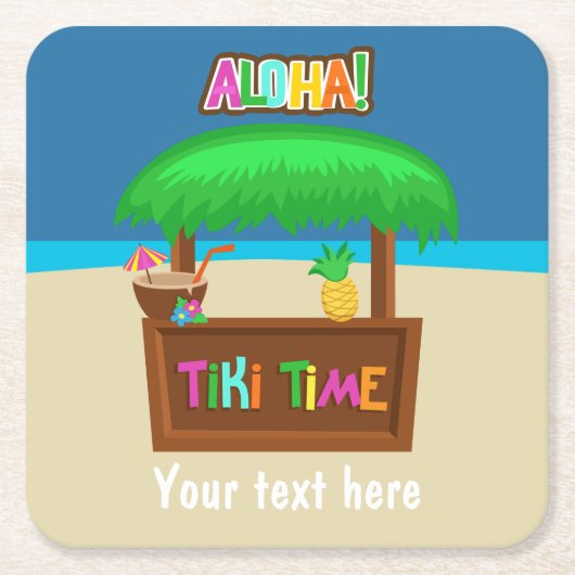 キッズハワイアンルアウ(ハワイ式宴会)パーティー パーソナライズされた スクエアペーパーコースター (正面)