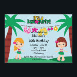 キッズハワイアンルアウ（ハワイ式宴会） 招待状<br><div class="desc">このカスタマイズ可能なハワイアンルアウ（ハワイ式宴会）のキッズパーティの招待状は、グラススカートをはいた2人の女の子とカスタマイズ可能な文字を特徴とする。</div>