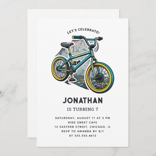 キッズバイクBMXパーティー。レーシングアドベンチャーボーイ誕生日 招待状 (正面/裏面)